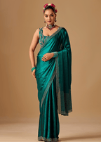 Emerald Green Tissue Silk Saree With Crystal Stone Border