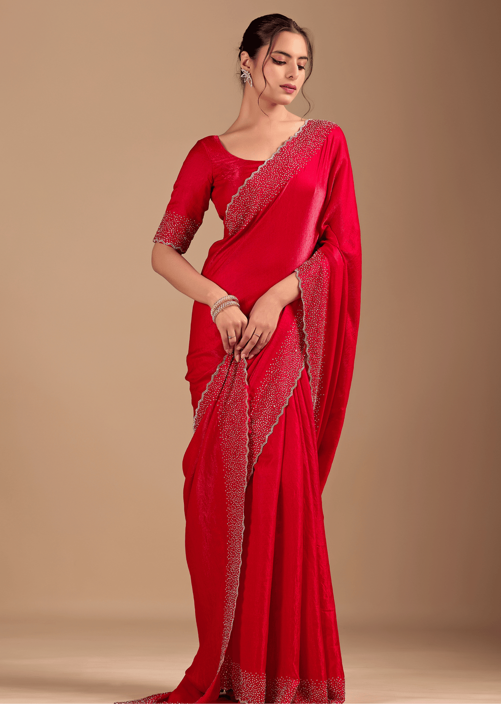Red Tissue Silk Saree With Stone Work Border