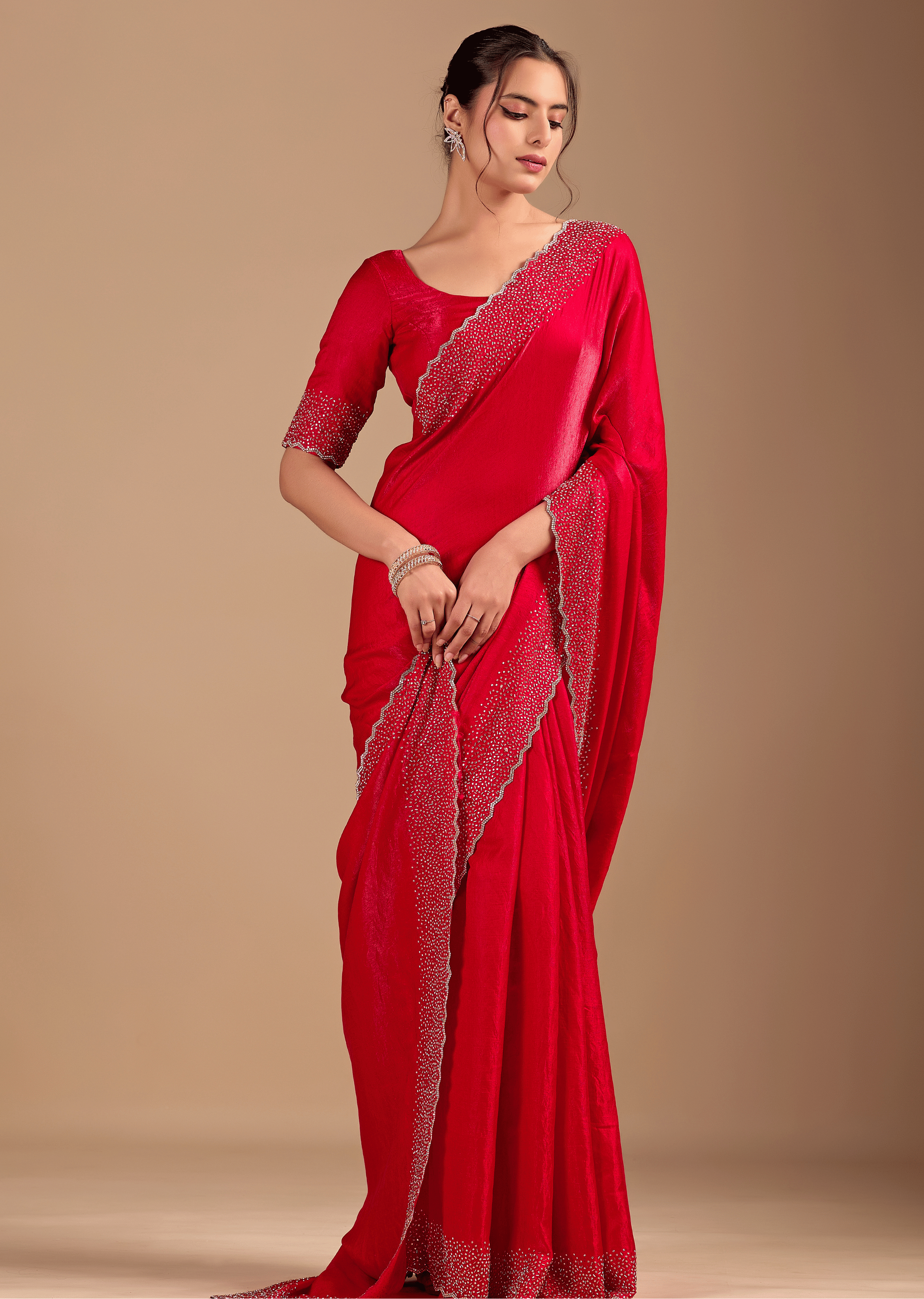 Red Tissue Silk Saree With Stone Work Border