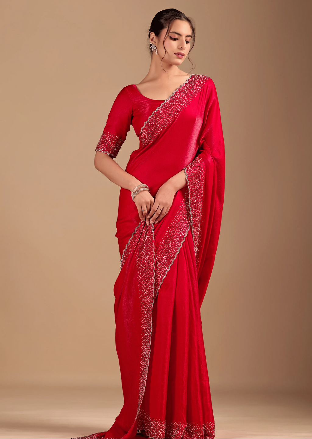 Red Tissue Silk Saree With Stone Work Border