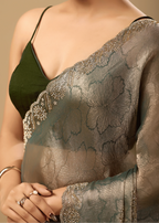 Sage Green Jacquard Saree With Crystal Stone Border