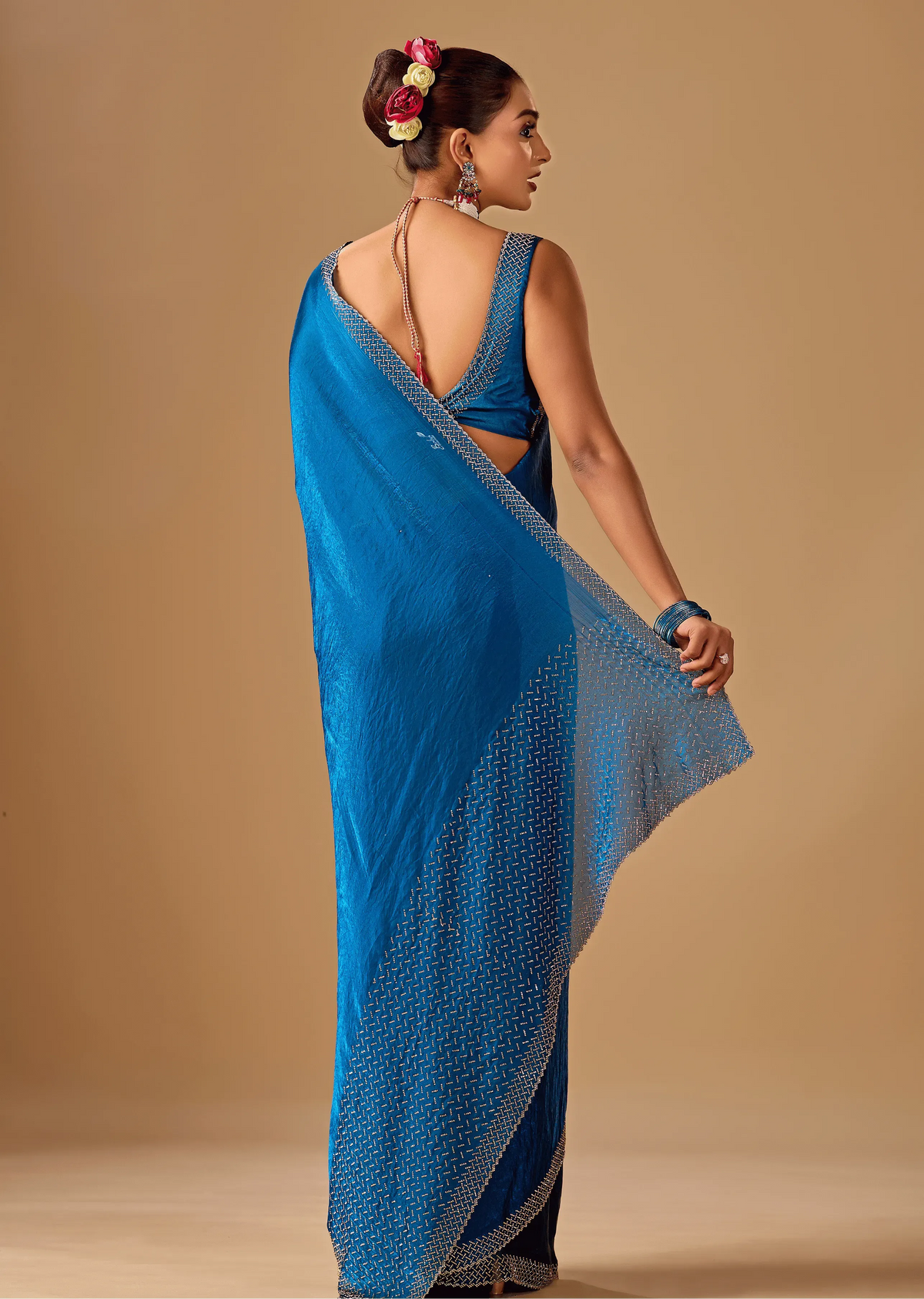 Royal Blue Tissue Silk Saree With Stone Work Border