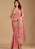 Rose Pink Tissue Silk Saree With Crystal Stone Border - Front Look | Buy Online Ethnic9