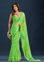 Parrot Green Chiffon Saree With Striped Print - Photo 5 | Buy Online Ethnic9