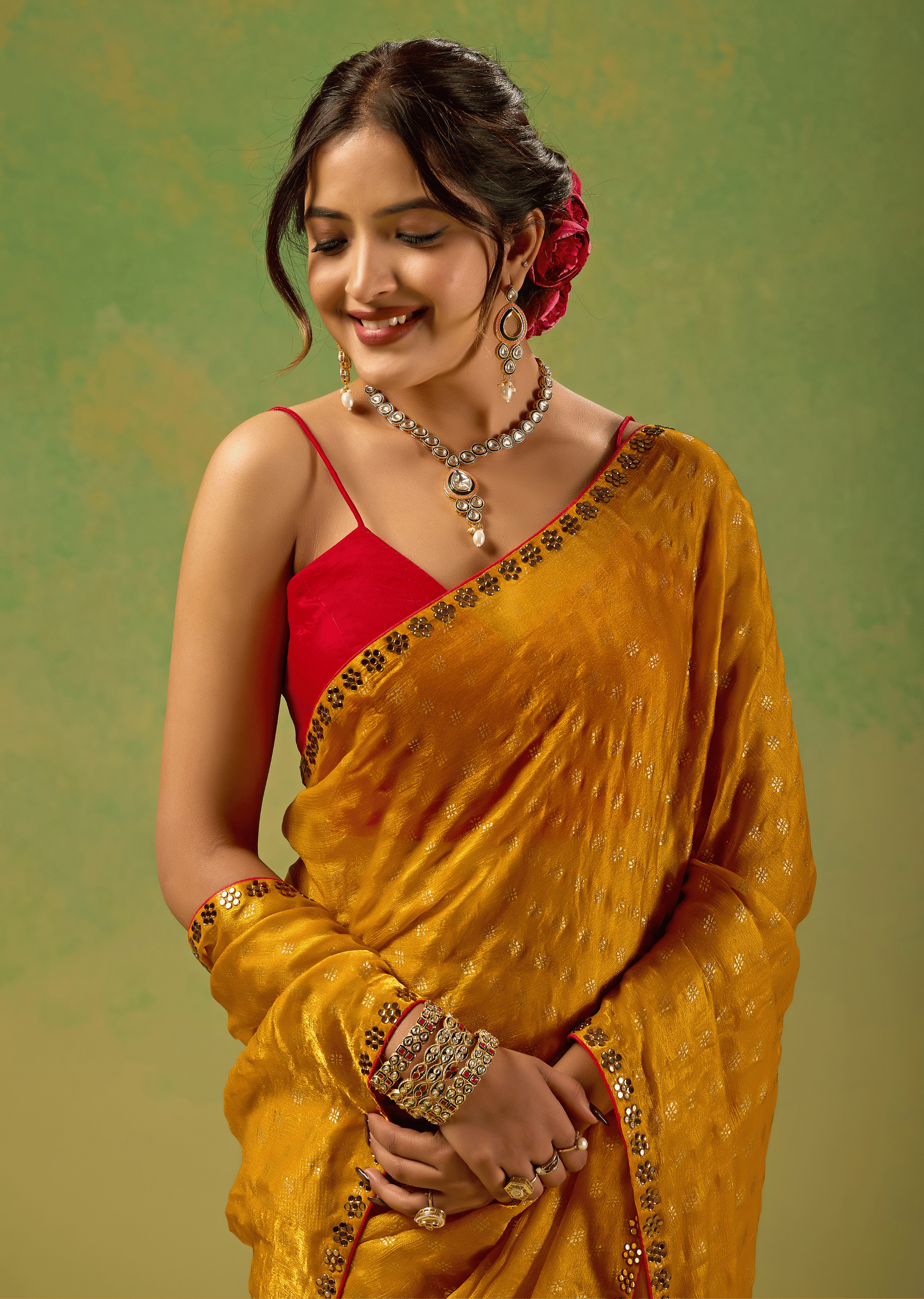 Mustard Yellow Tissue Silk Saree With Foil Butti Print