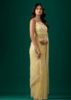 Butter Yellow Chiffon Saree With Floral Embroidery