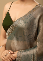 Sage Green Jacquard Saree With Crystal Stone Border - Photo 7 | Buy Online Ethnic9