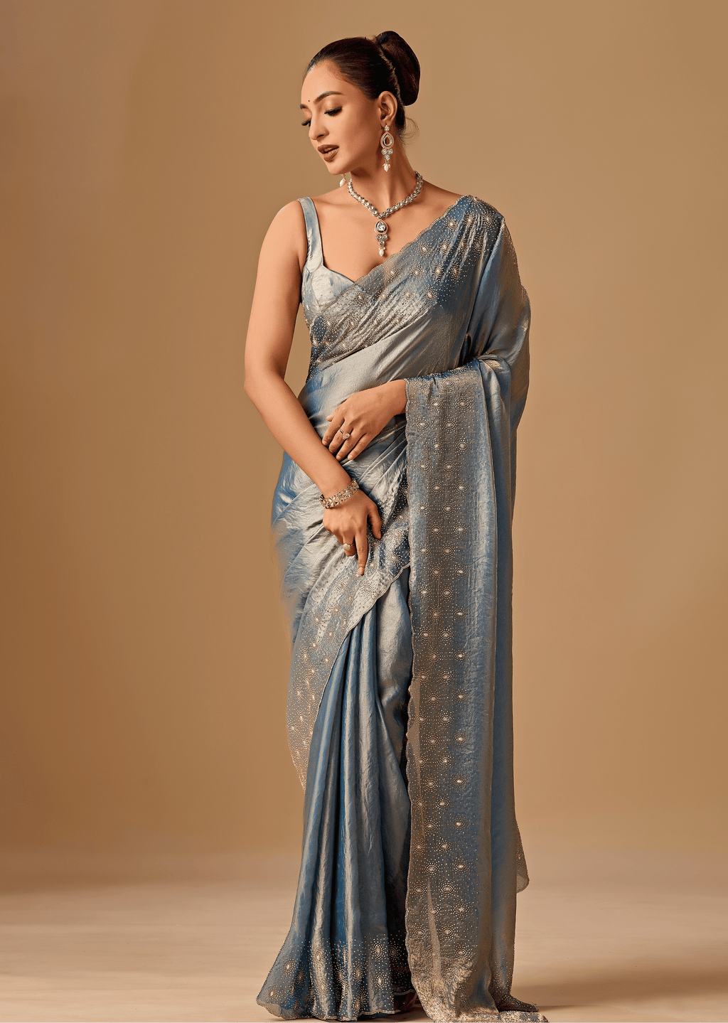Steel Blue Tissue Silk Saree With Stone Work