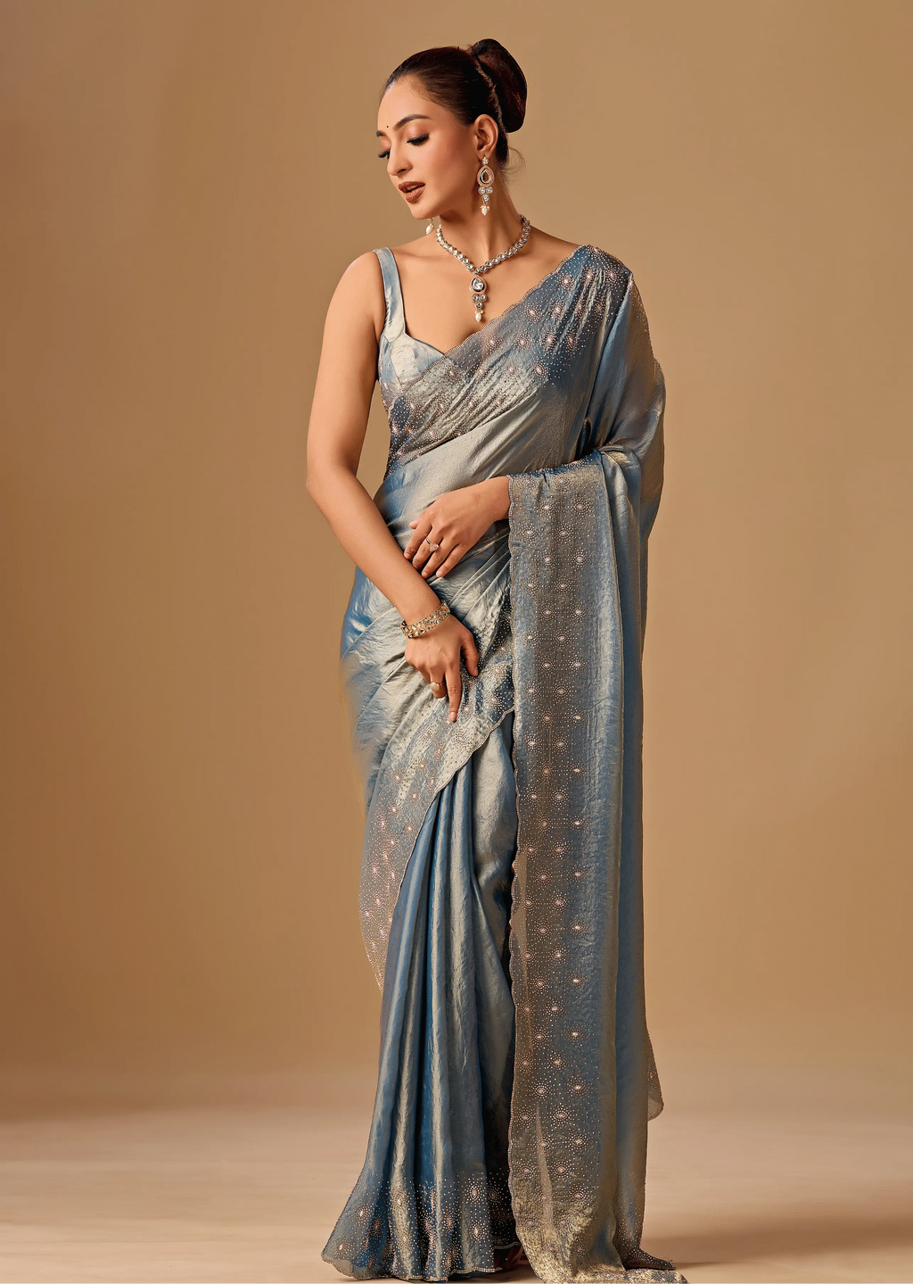 Steel Blue Tissue Silk Saree Standing Look - Party Wear Saree