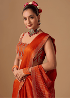Burnt Orange Tissue Silk Saree With Rhinestone Border