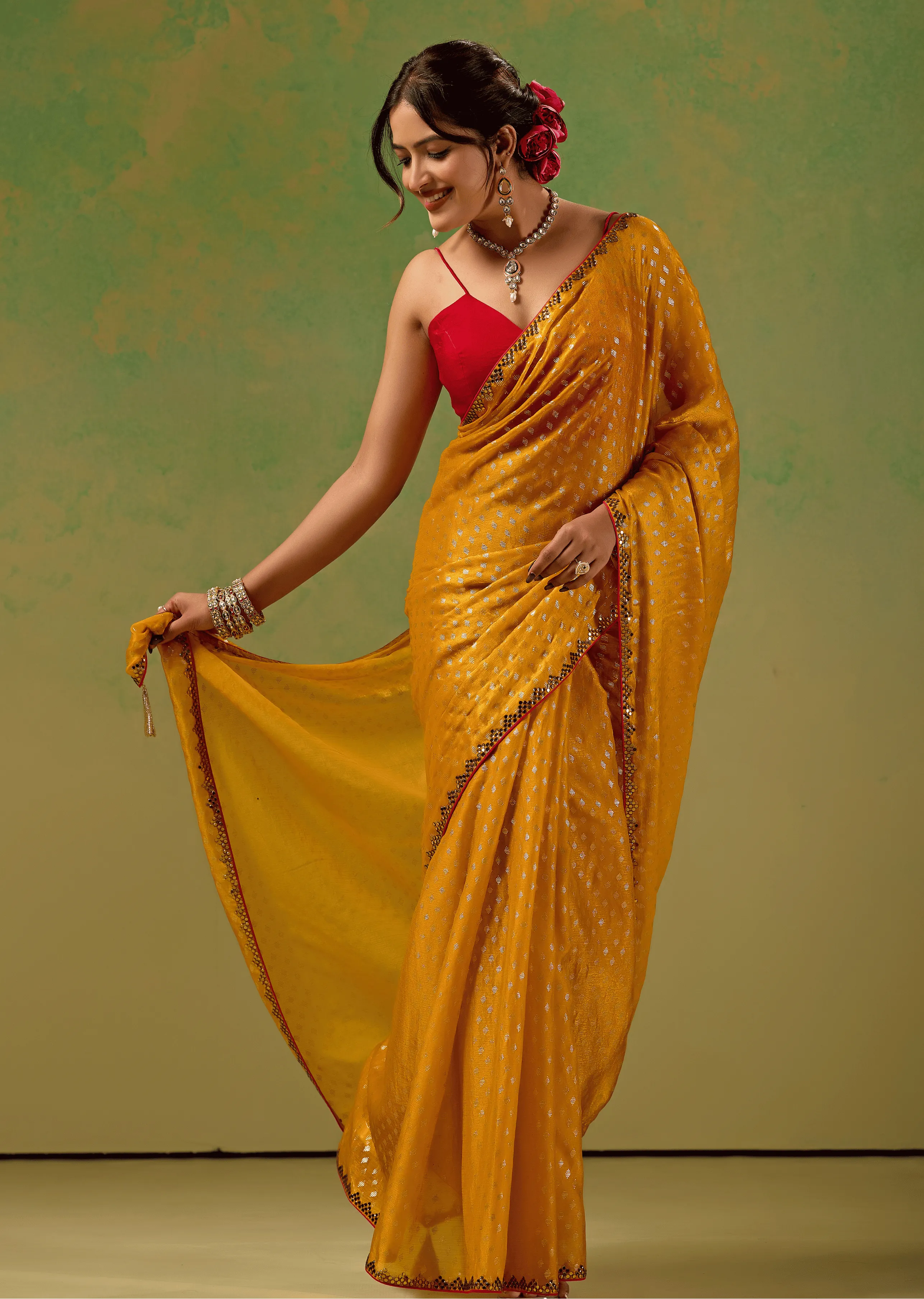 Mustard Yellow Tissue Silk Saree Side Pose - Wedding Wear Saree