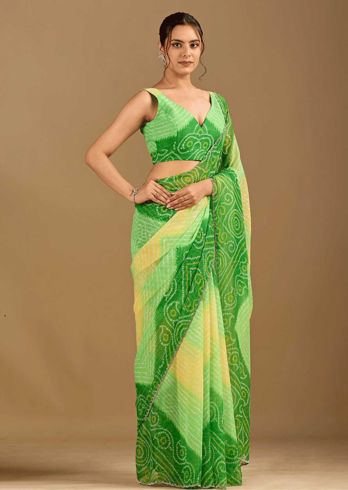  Parrot Green Chiffon Saree Standing Look - Festive Wear Saree