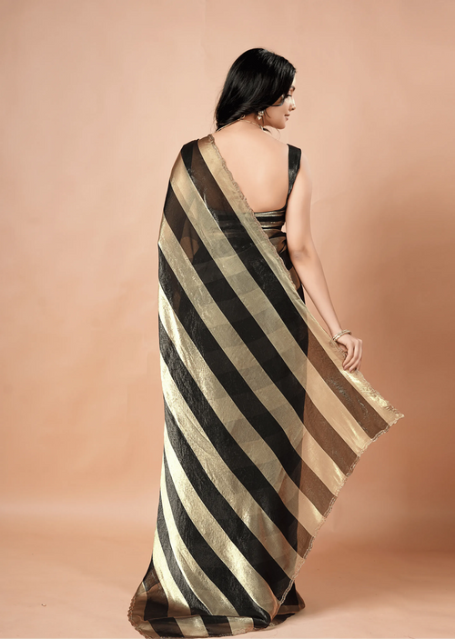 Black Tissue Silk Saree With Striped Weave