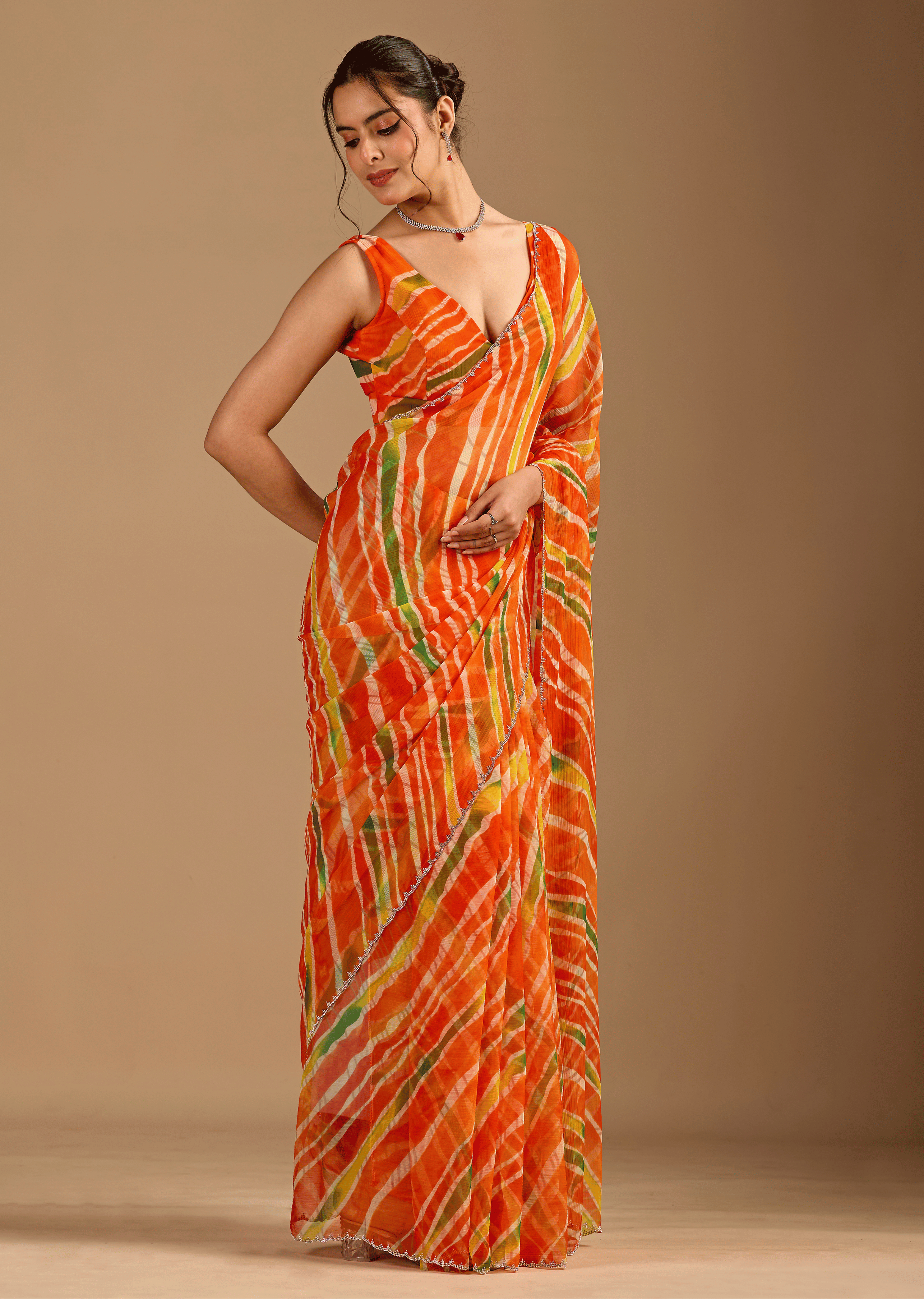 Orange Chiffon Saree With Stone Work