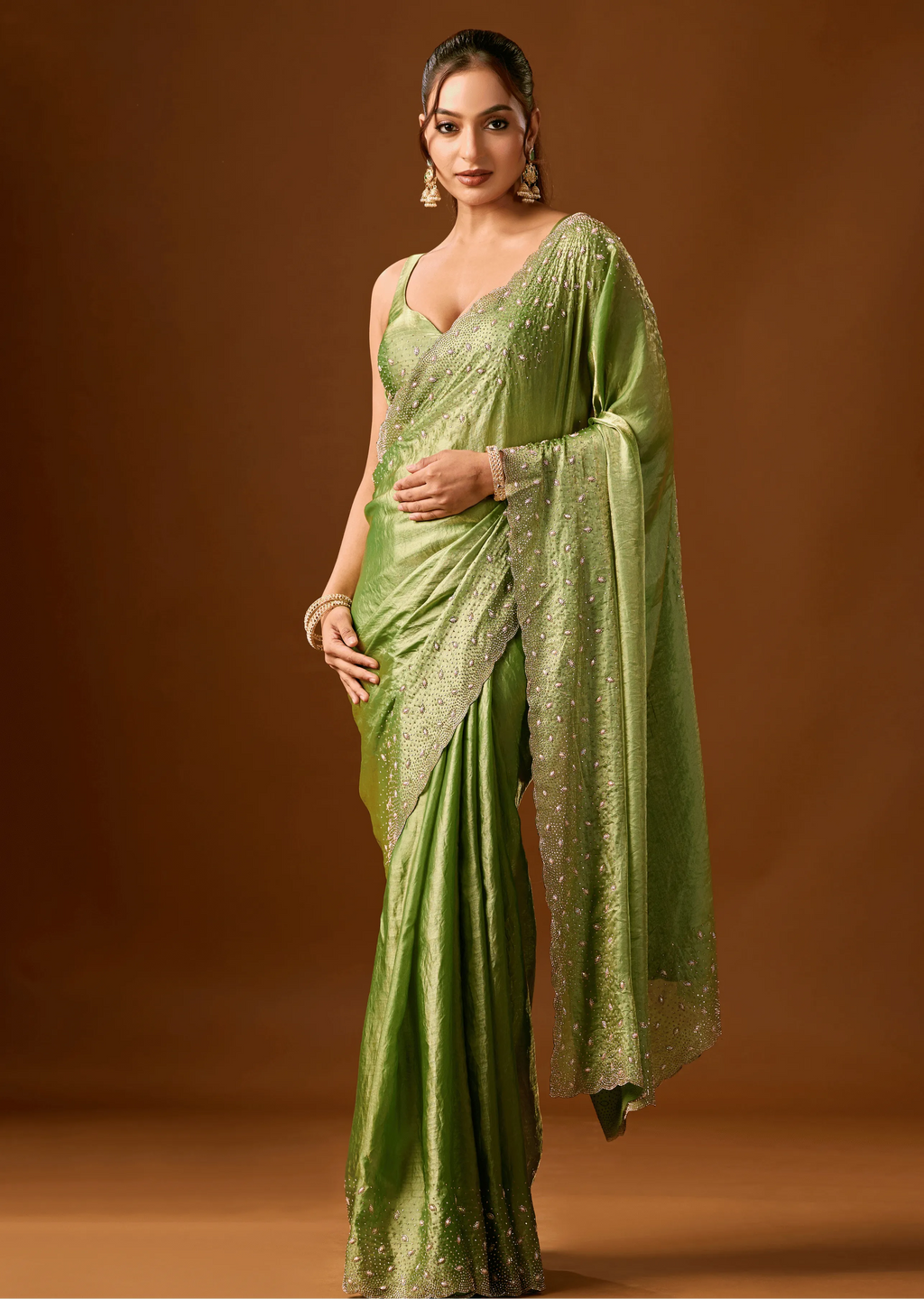 Pista Green Tissue Silk Saree Side Pose - Wedding Wear Saree