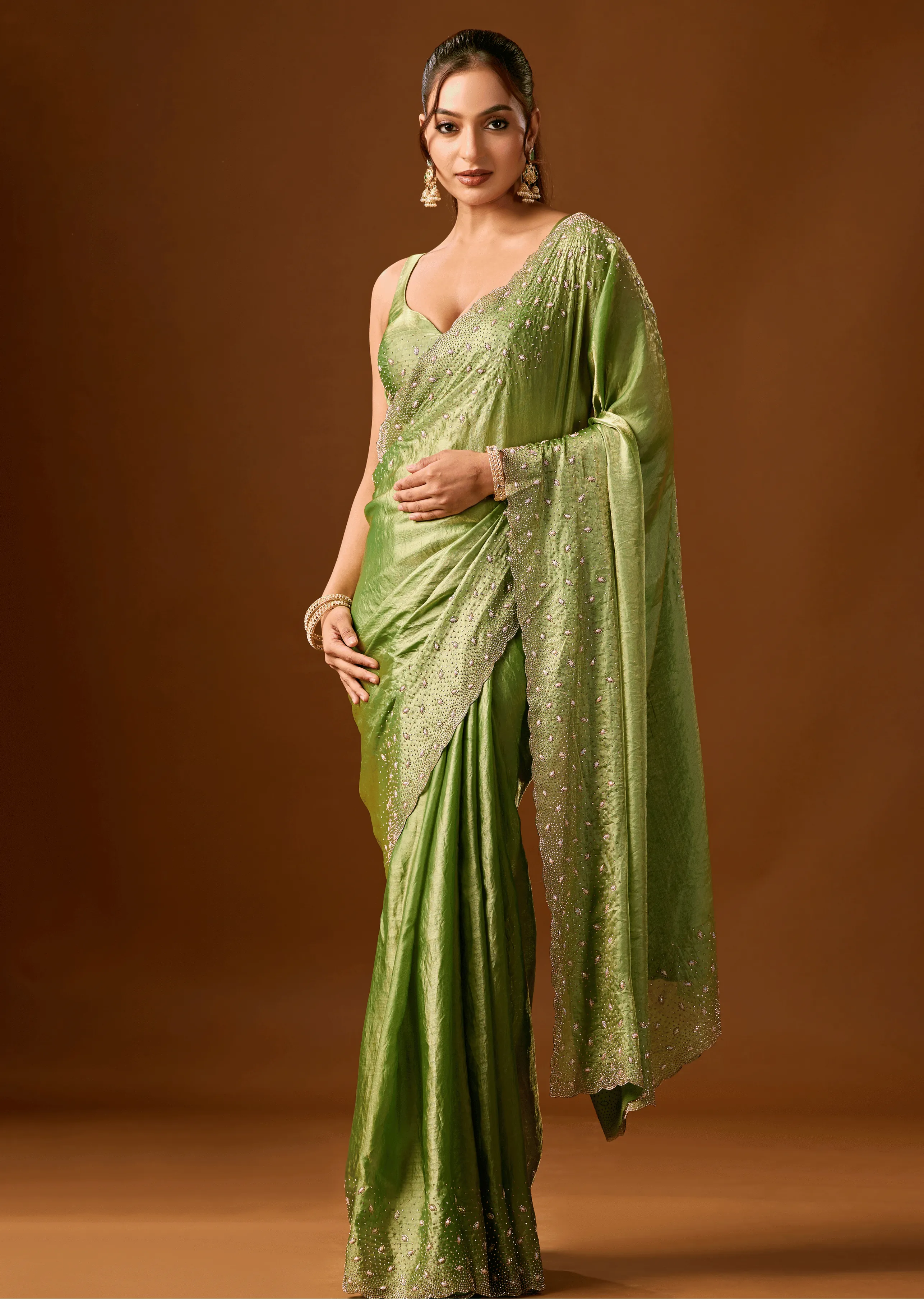 Pista Green Tissue Silk Saree Side Pose - Wedding Wear Saree