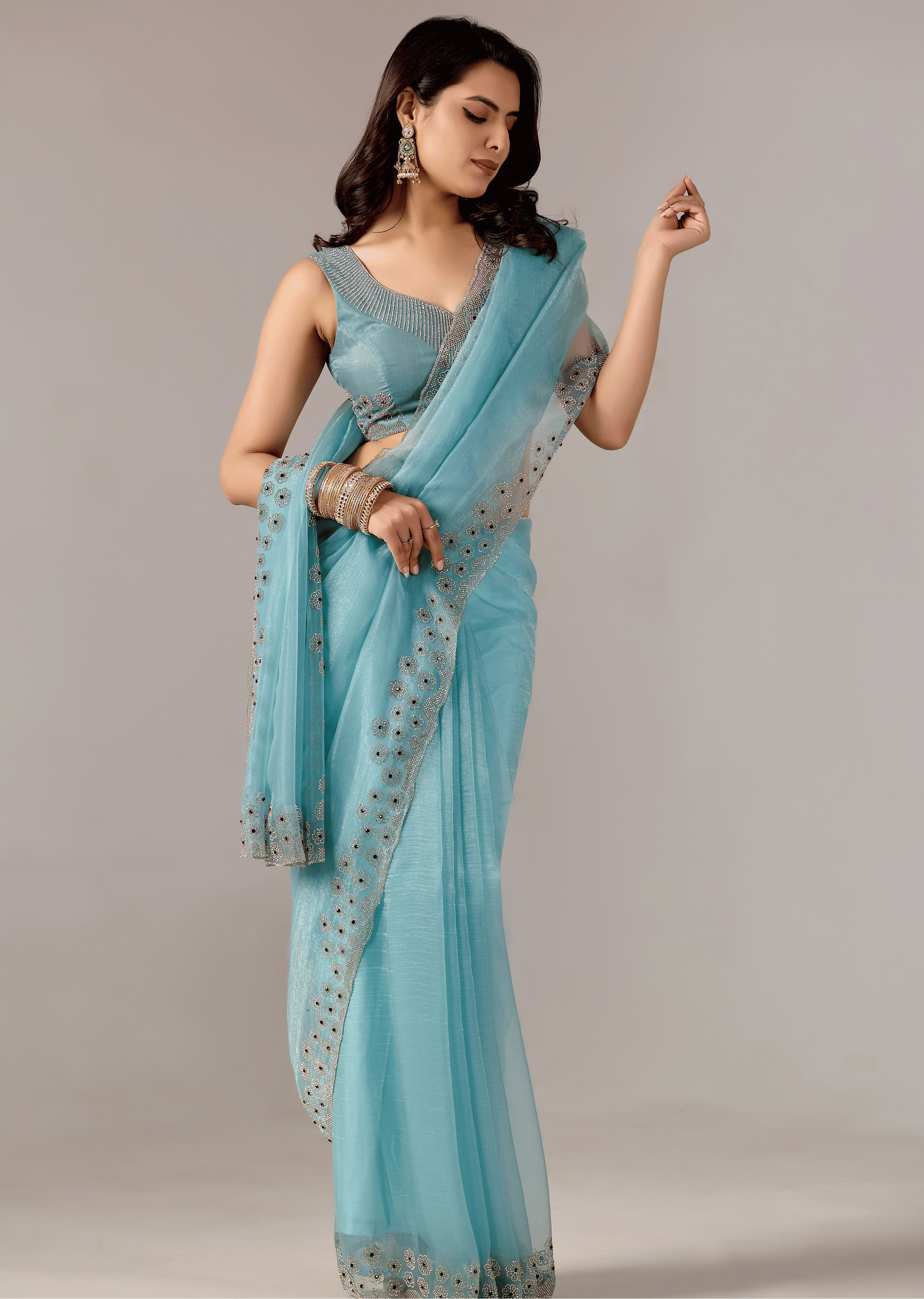 Sky Blue Tissue Saree With Stone Embroidery