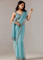 Sky Blue Tissue Saree Draped Look - Stone Embroidery Design