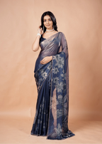 Steel Blue Organza Silk Saree With Foil Floral Print