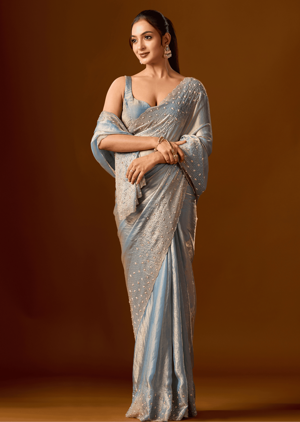 Sky Blue Tissue Silk Saree With Stone Work