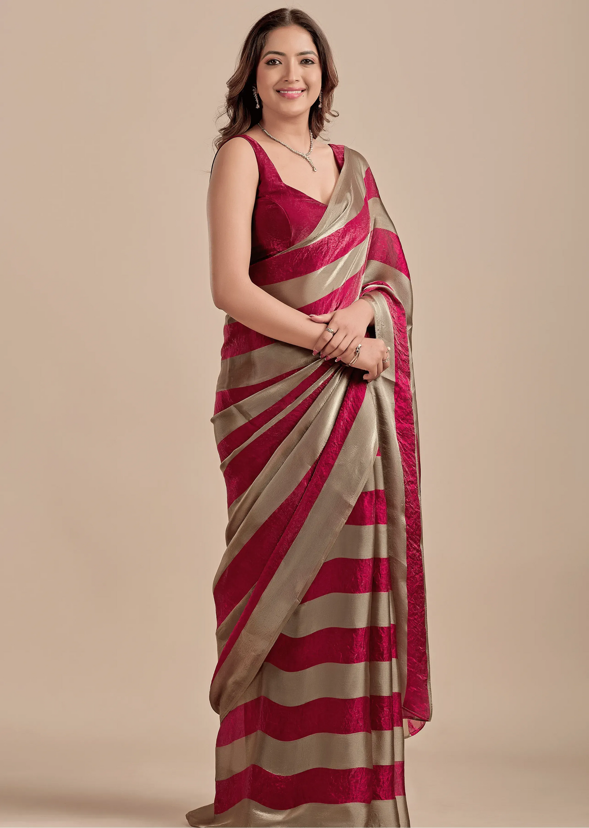Berry Wine Tissue Silk Saree With Metallic Stripe Weave - Photo 4 | Buy Online Ethnic9