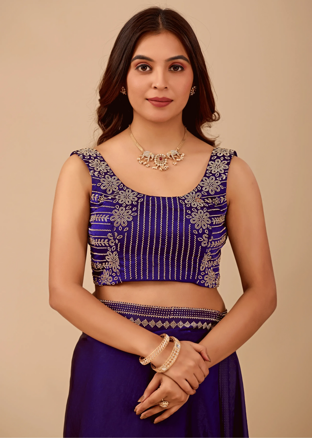 Midnight Blue Tissue Silk Saree With Crystal Border Work