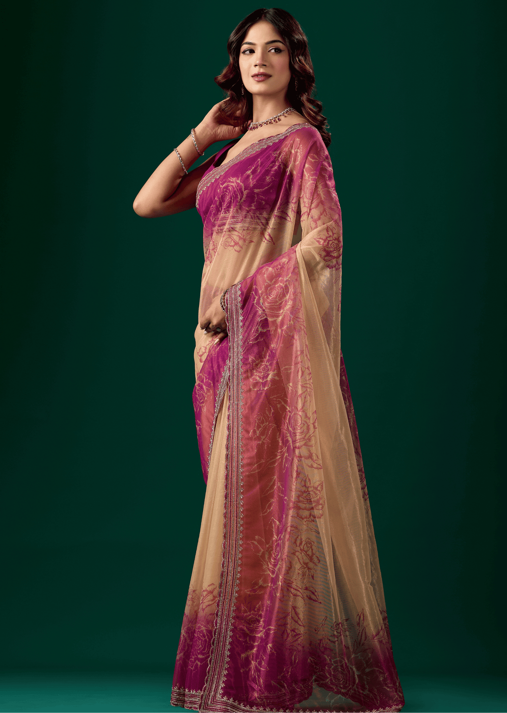 Rani Pink Organza Saree With Floral Print