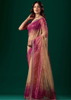 Rani Pink Organza Saree With Floral Print