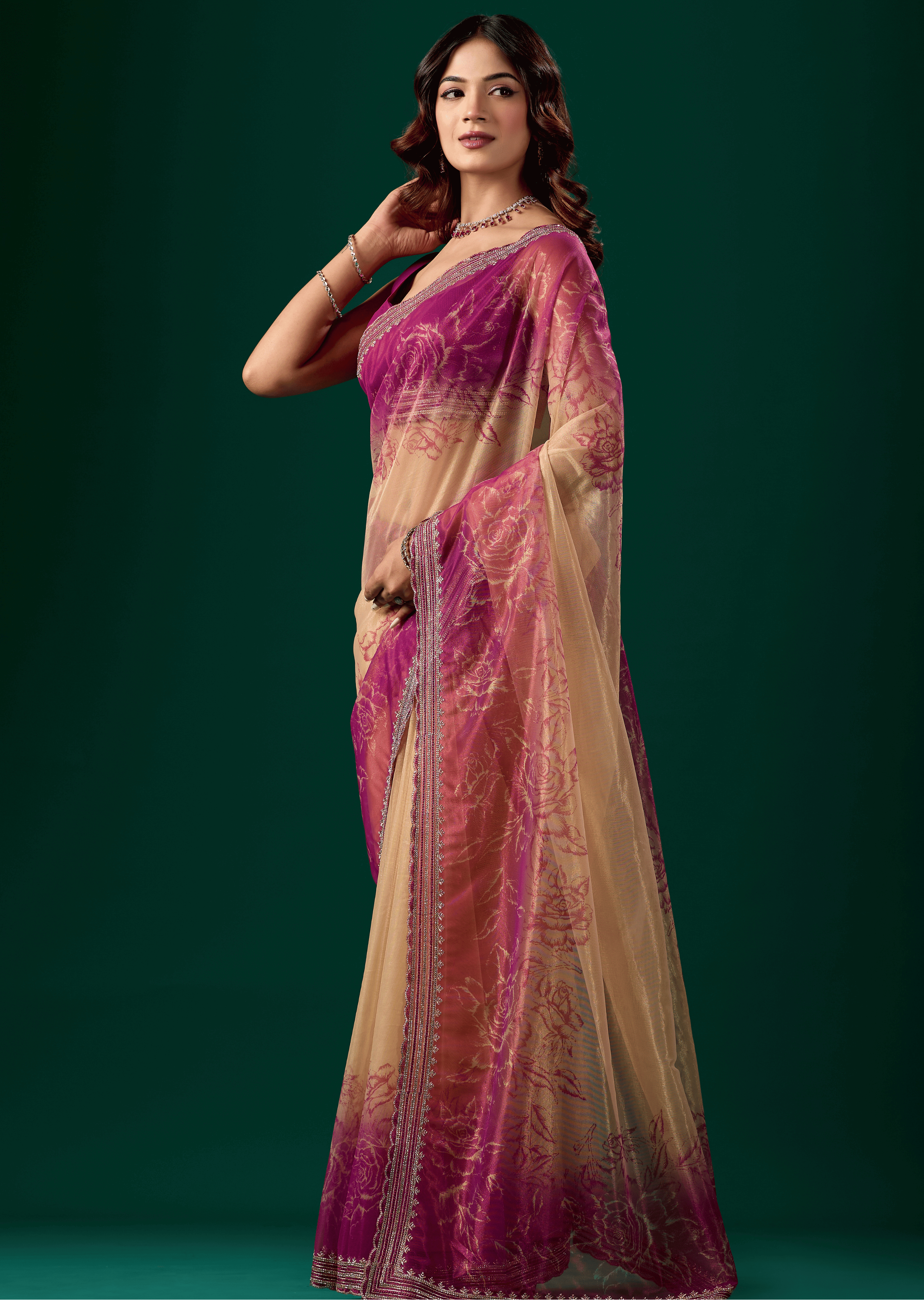 Rani Pink Organza Saree With Floral Print