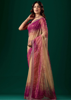 Rani Pink Organza Saree Side Pose - Wedding Wear Saree
