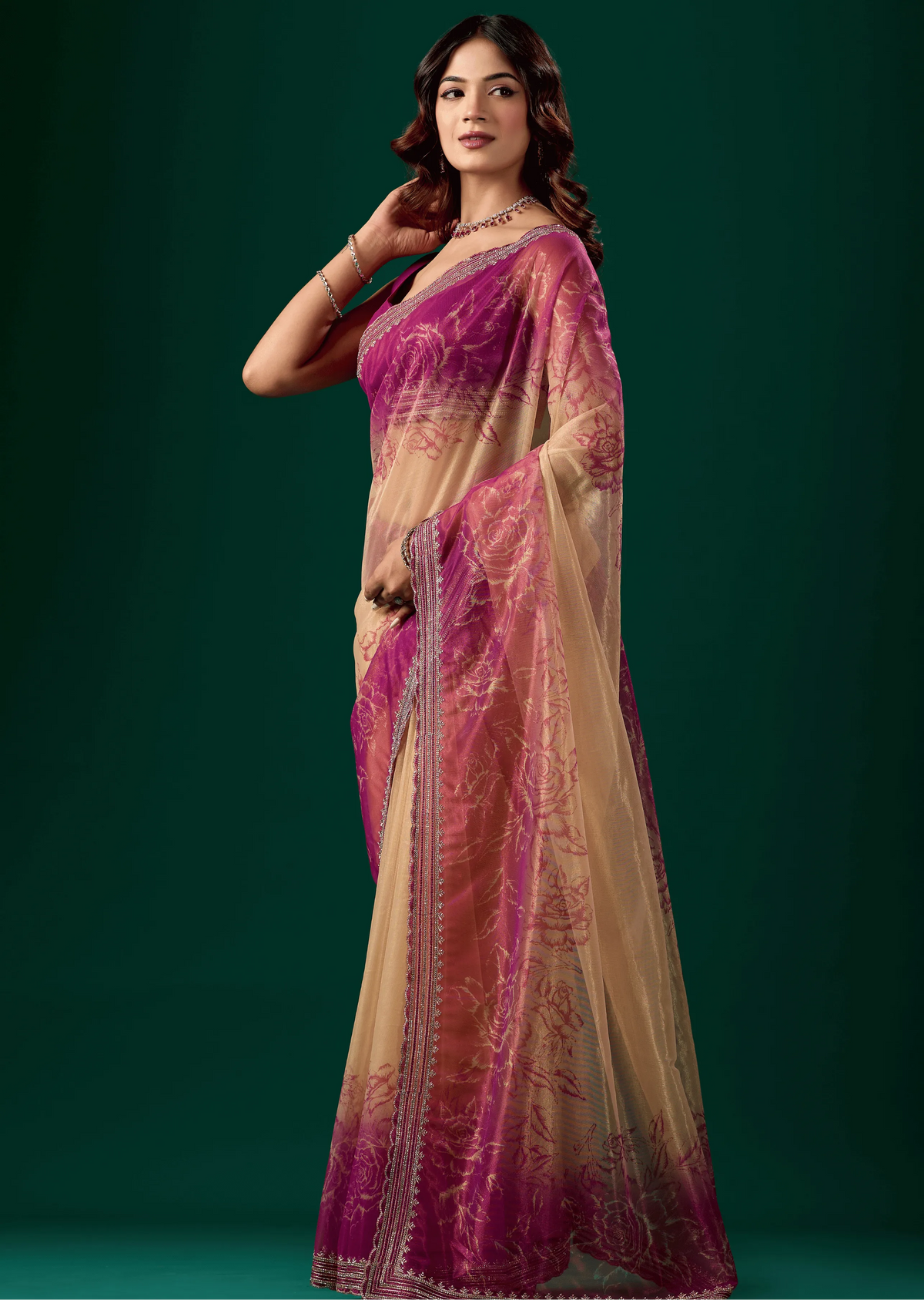 Rani Pink Organza Saree Side Pose - Wedding Wear Saree