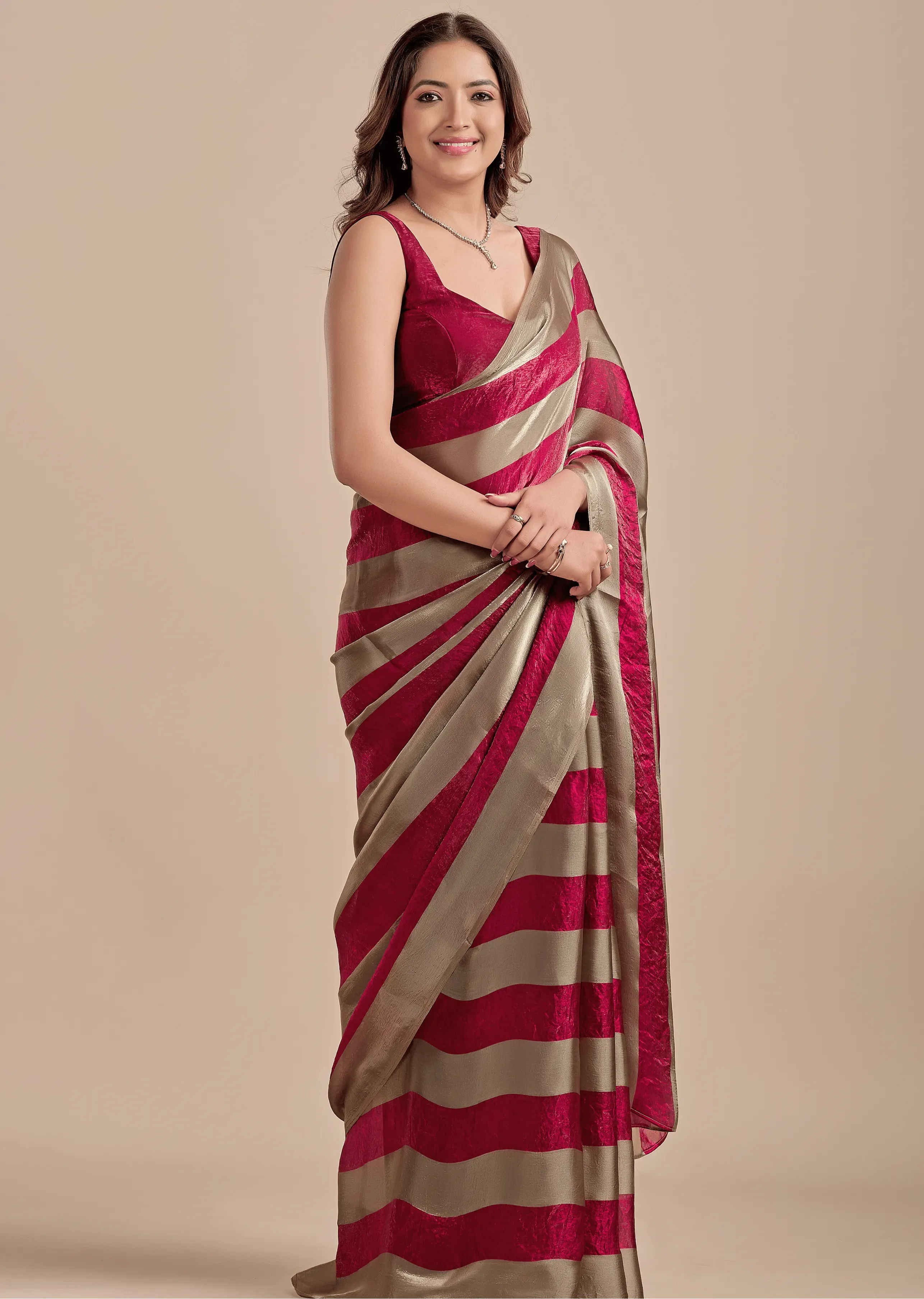 Berry Wine Tissue Silk Saree With Metallic Stripe Weave