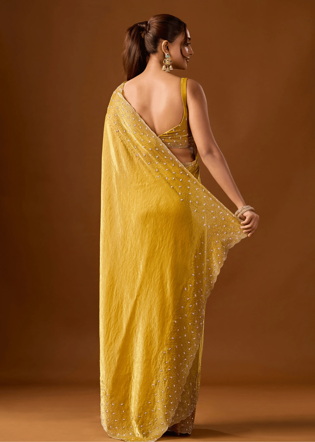 Mustard Yellow Tissue Silk Saree Back Pose - Stone Work Detail