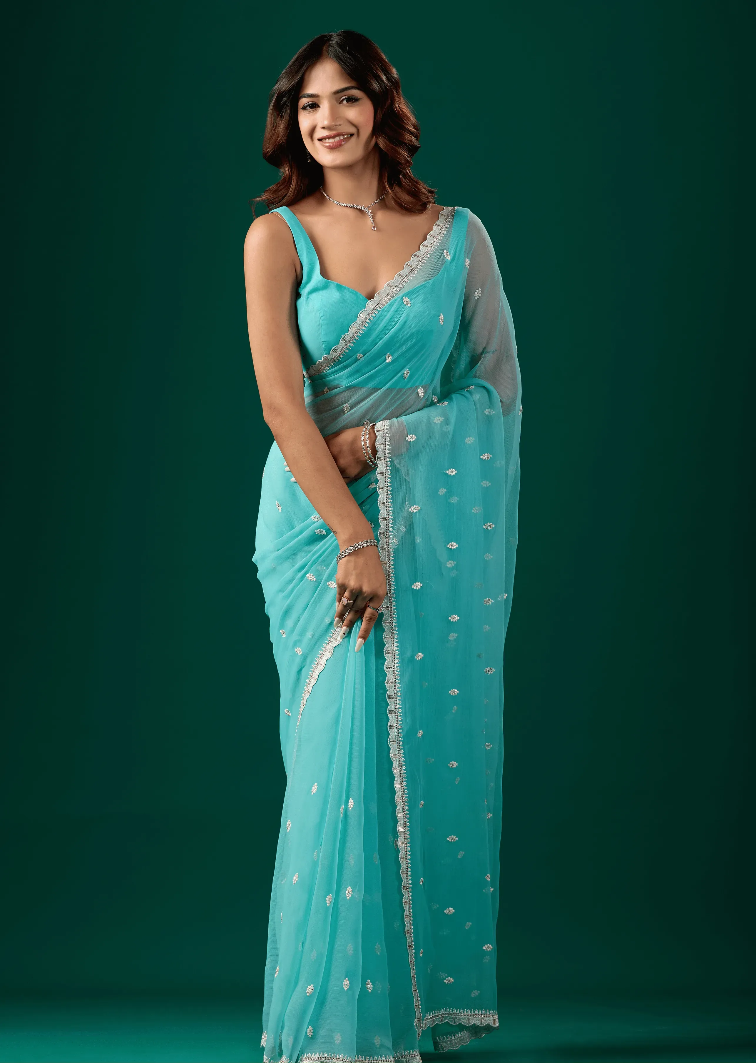 Sky Blue Chiffon Saree With Floral Embroidery