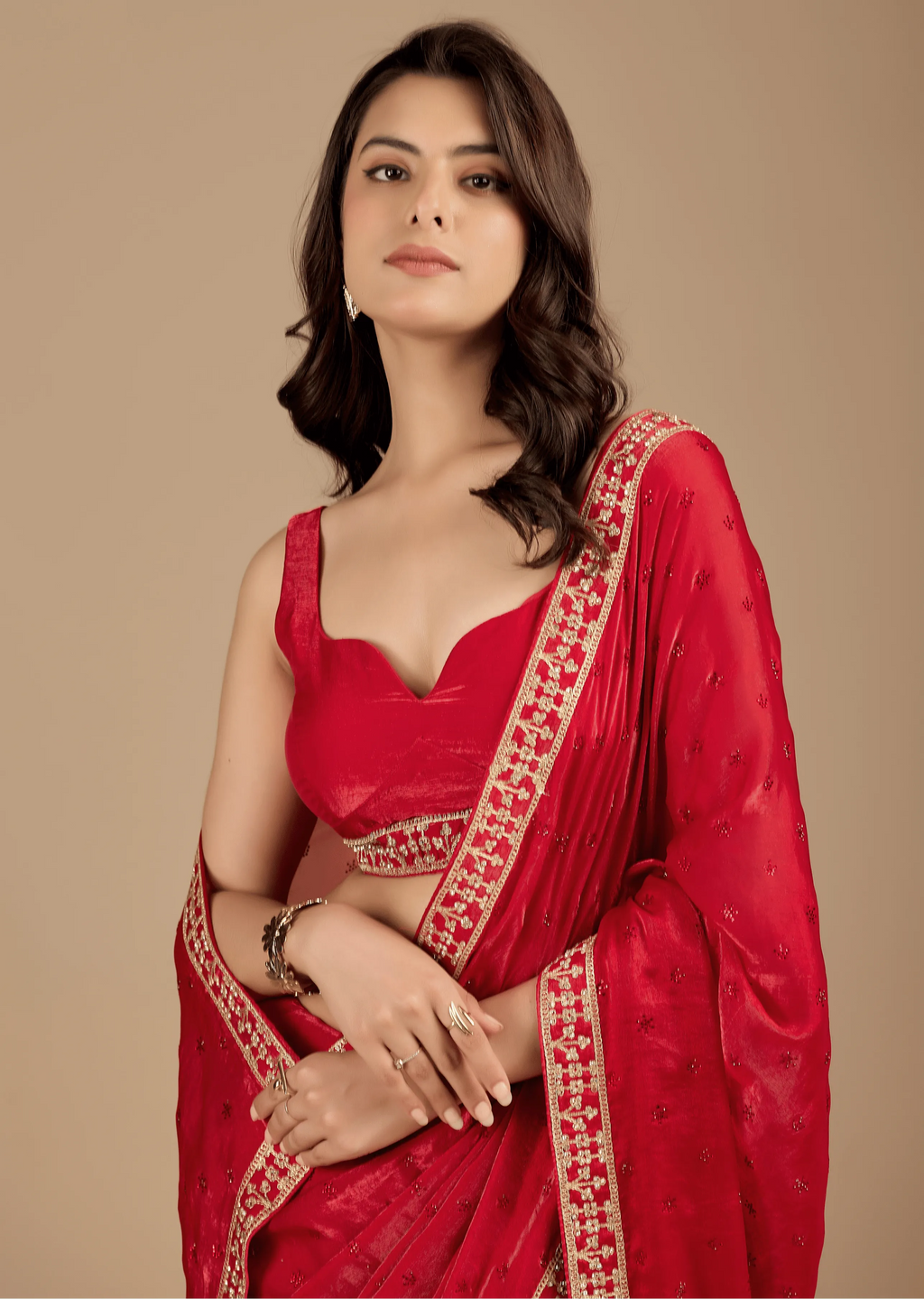 Crimson Red Tissue Silk Saree Side Pose - Zari Border Detail