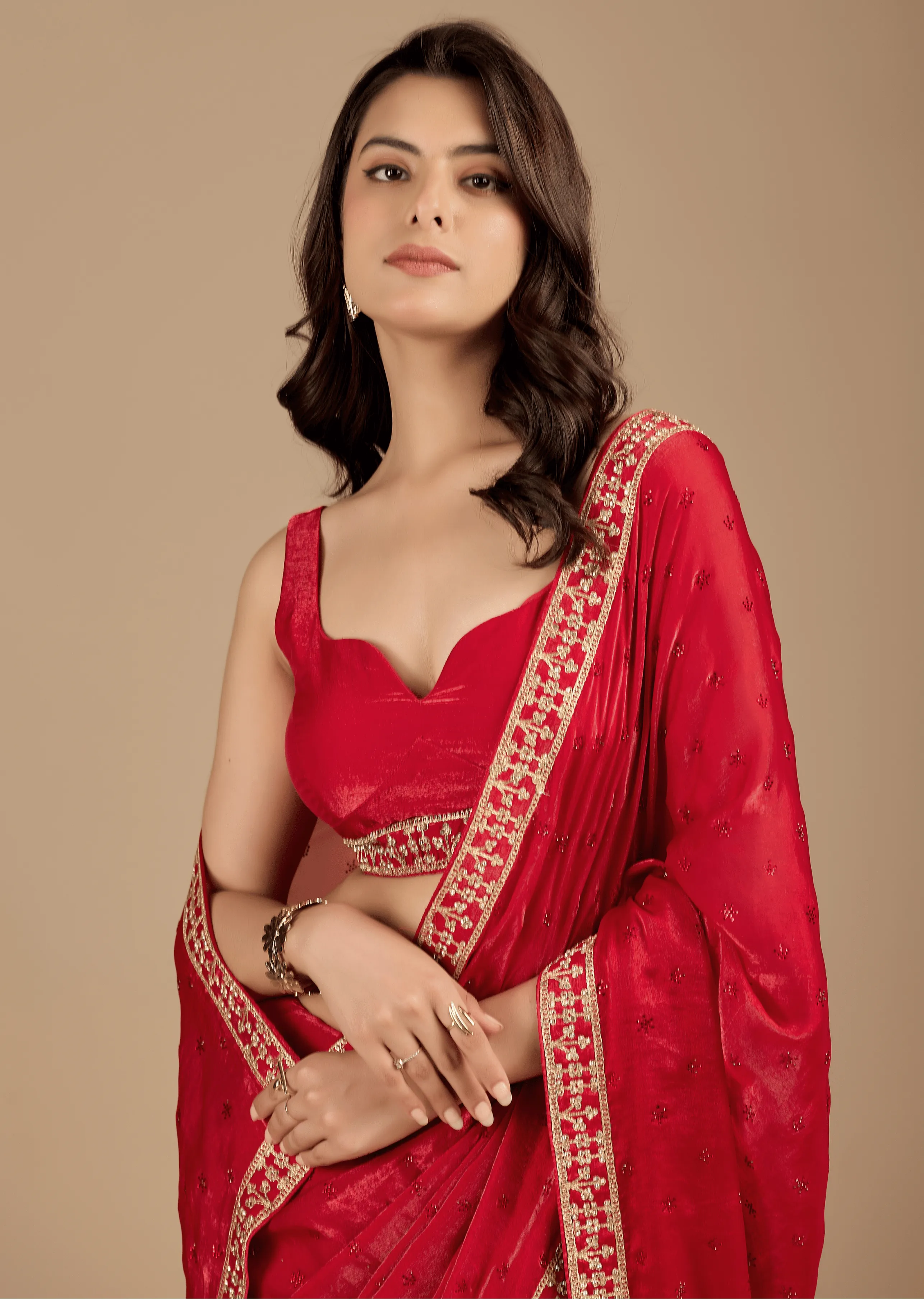 Crimson Red Tissue Silk Saree Side Pose - Zari Border Detail