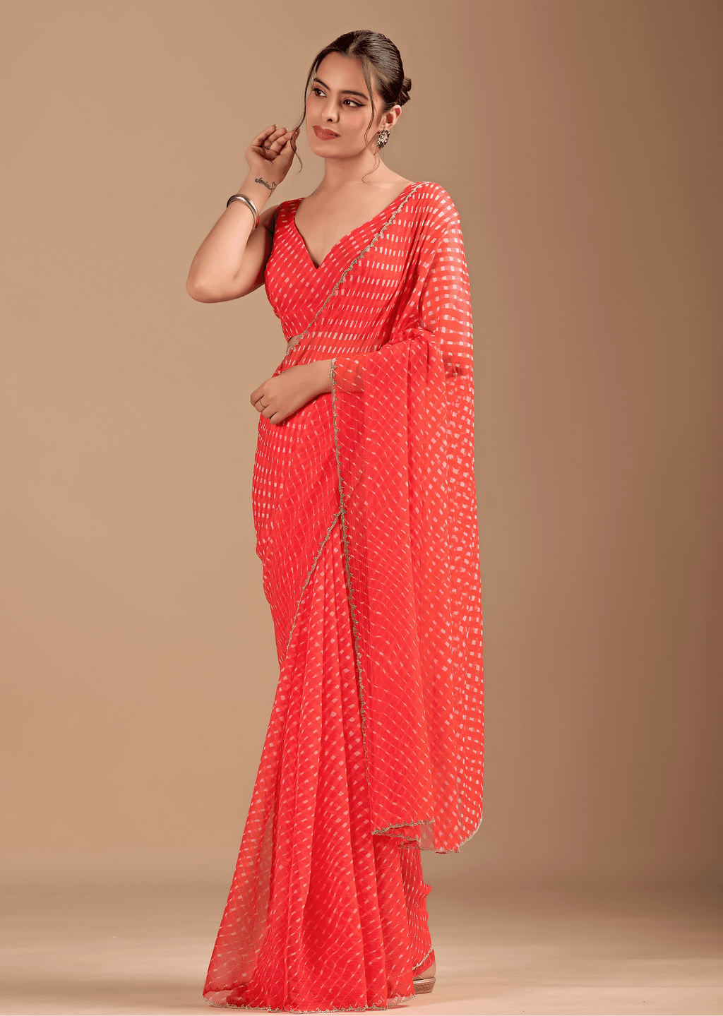 Coral Red Chiffon Saree With Leheriya Print