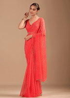 Coral Red Chiffon Saree With Leheriya Print