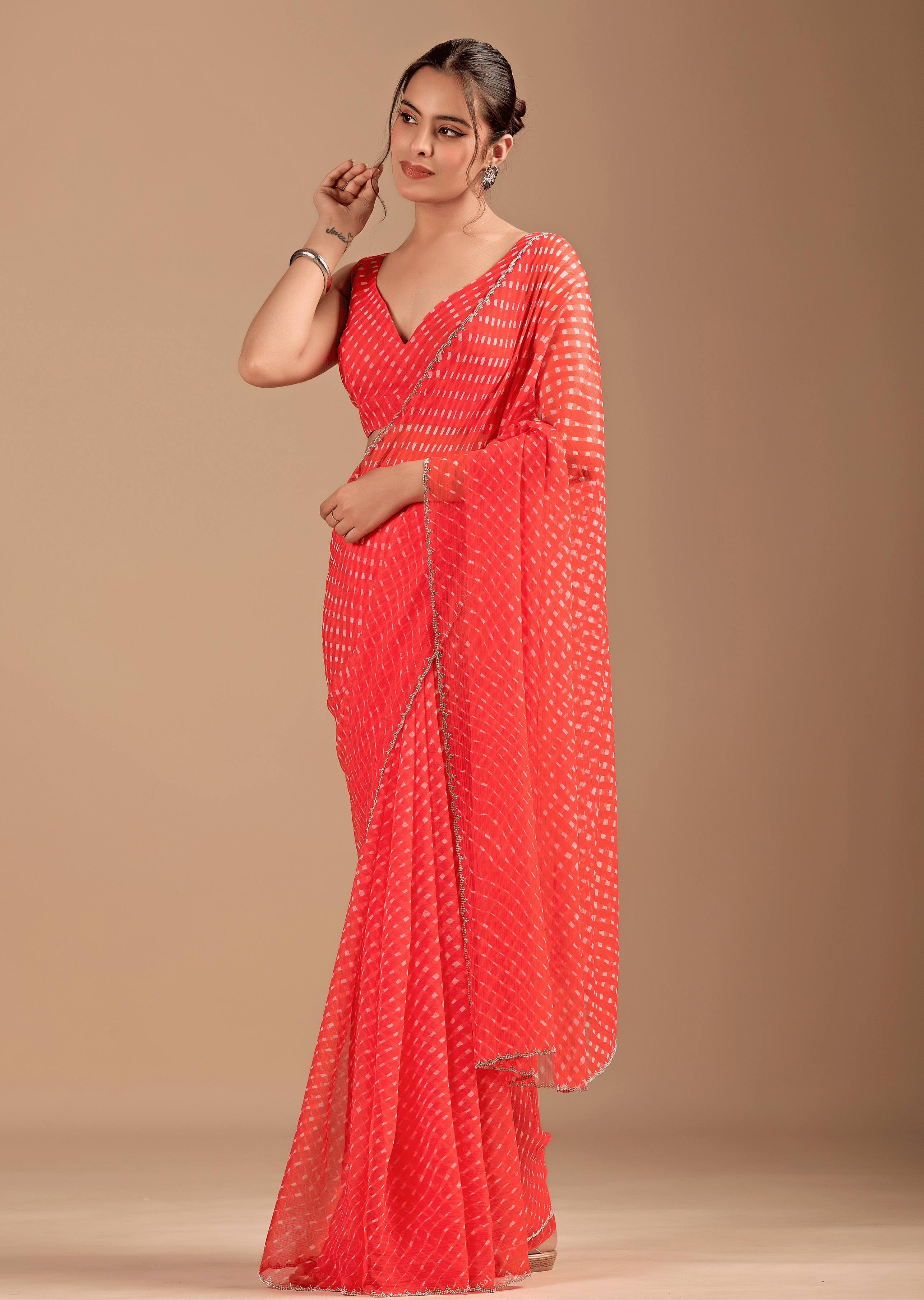 Coral Red Chiffon Saree With Leheriya Print