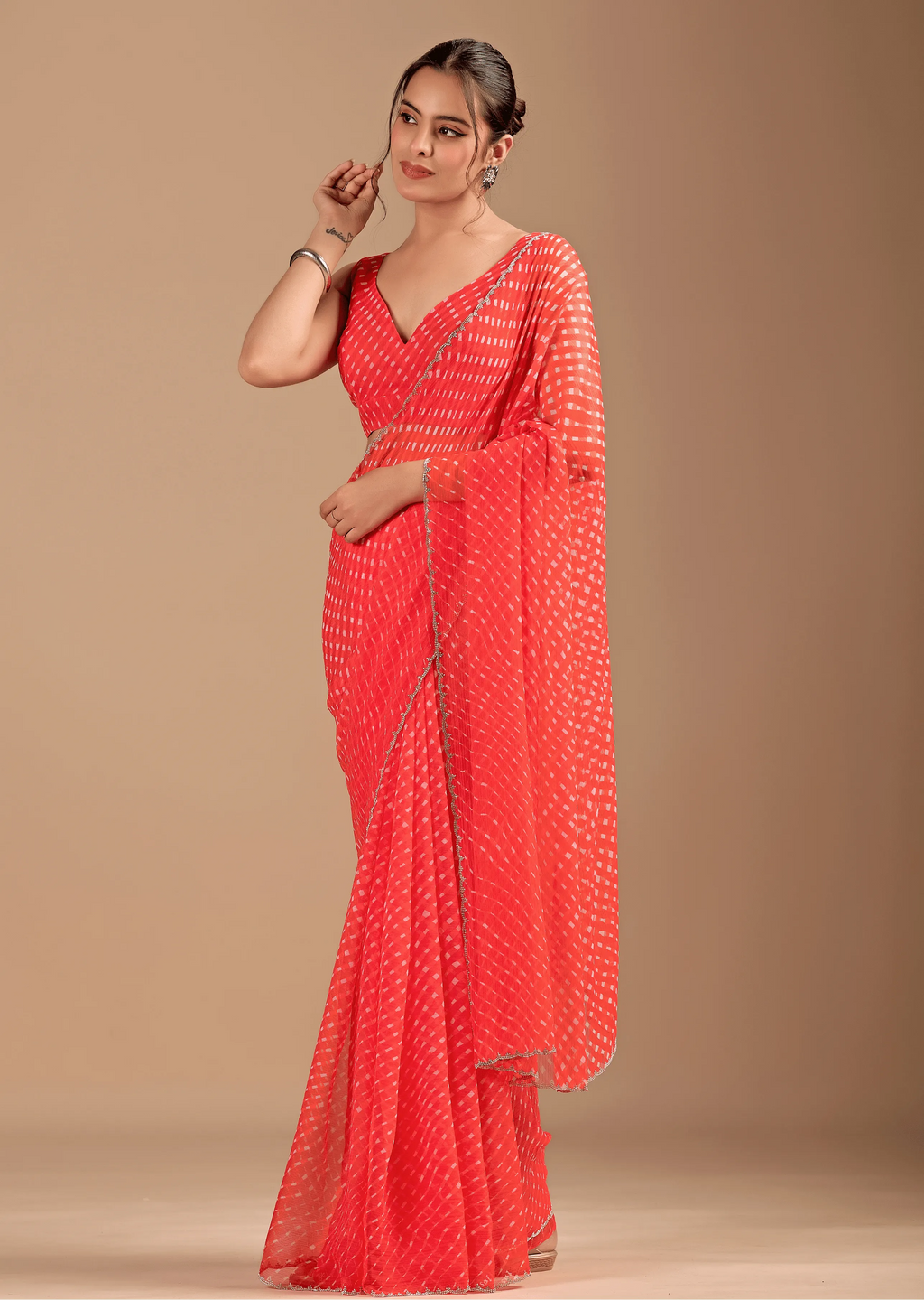 Coral Red Chiffon Saree Pallu Detail - Stone Embellished Border
