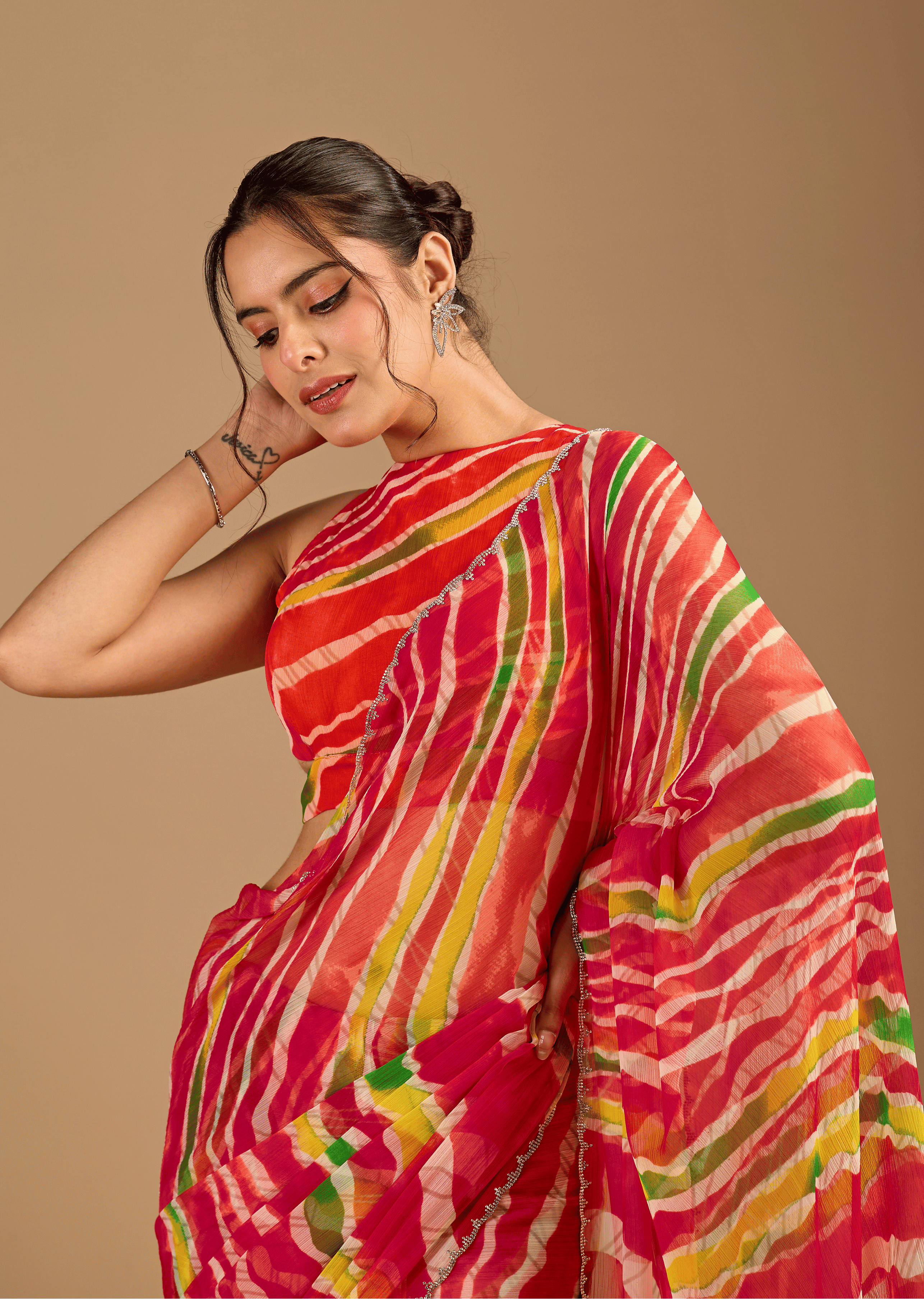 Red Chiffon Saree With Stone Work
