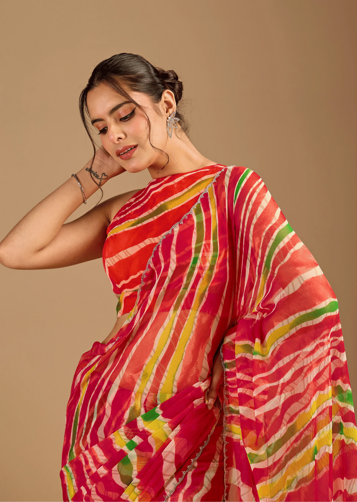 Red Chiffon Saree Side Pose - Festive Wear Saree