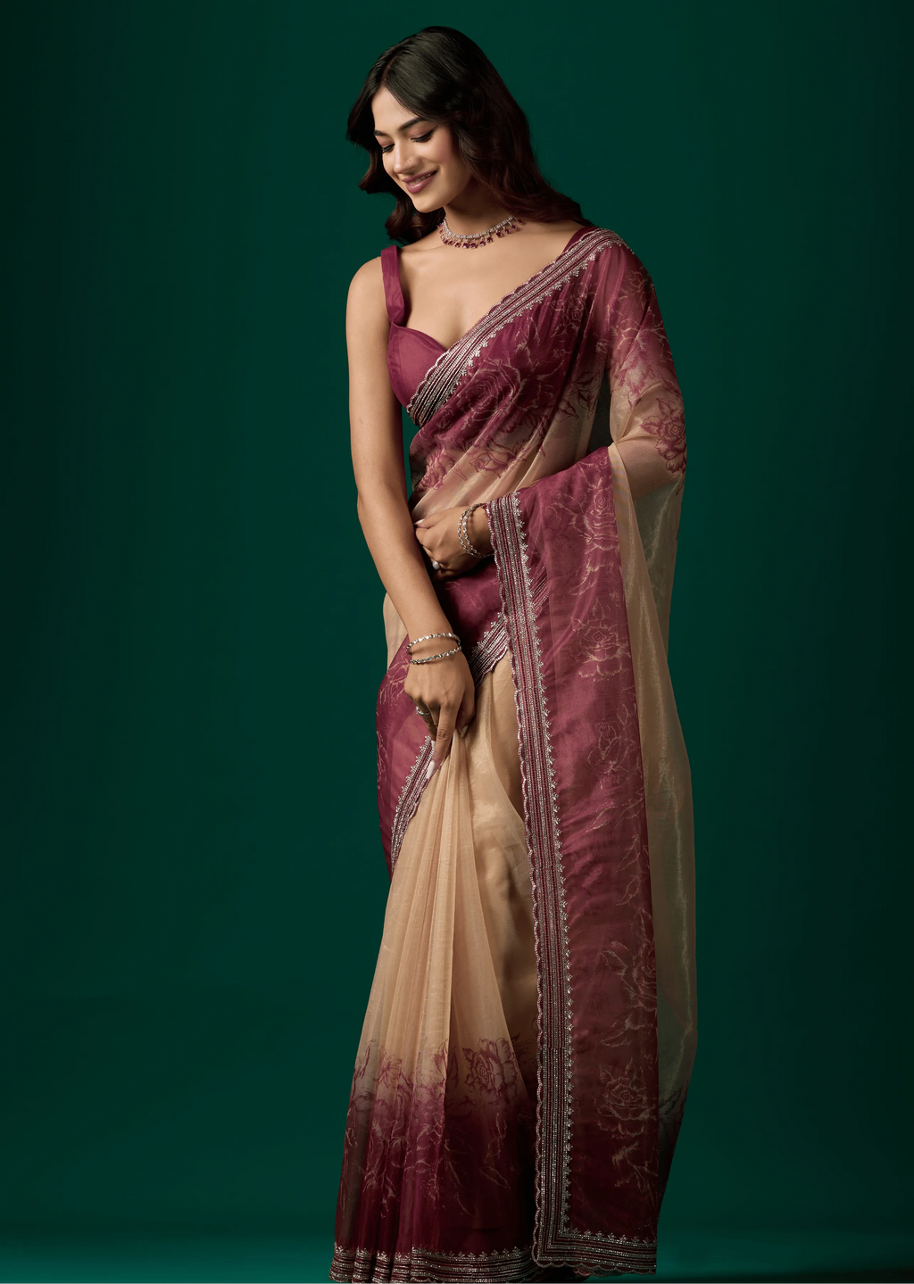 Maroon Organza Saree Side Pose - Festive Wear Saree