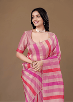 Pink Organza Saree With Striped Print