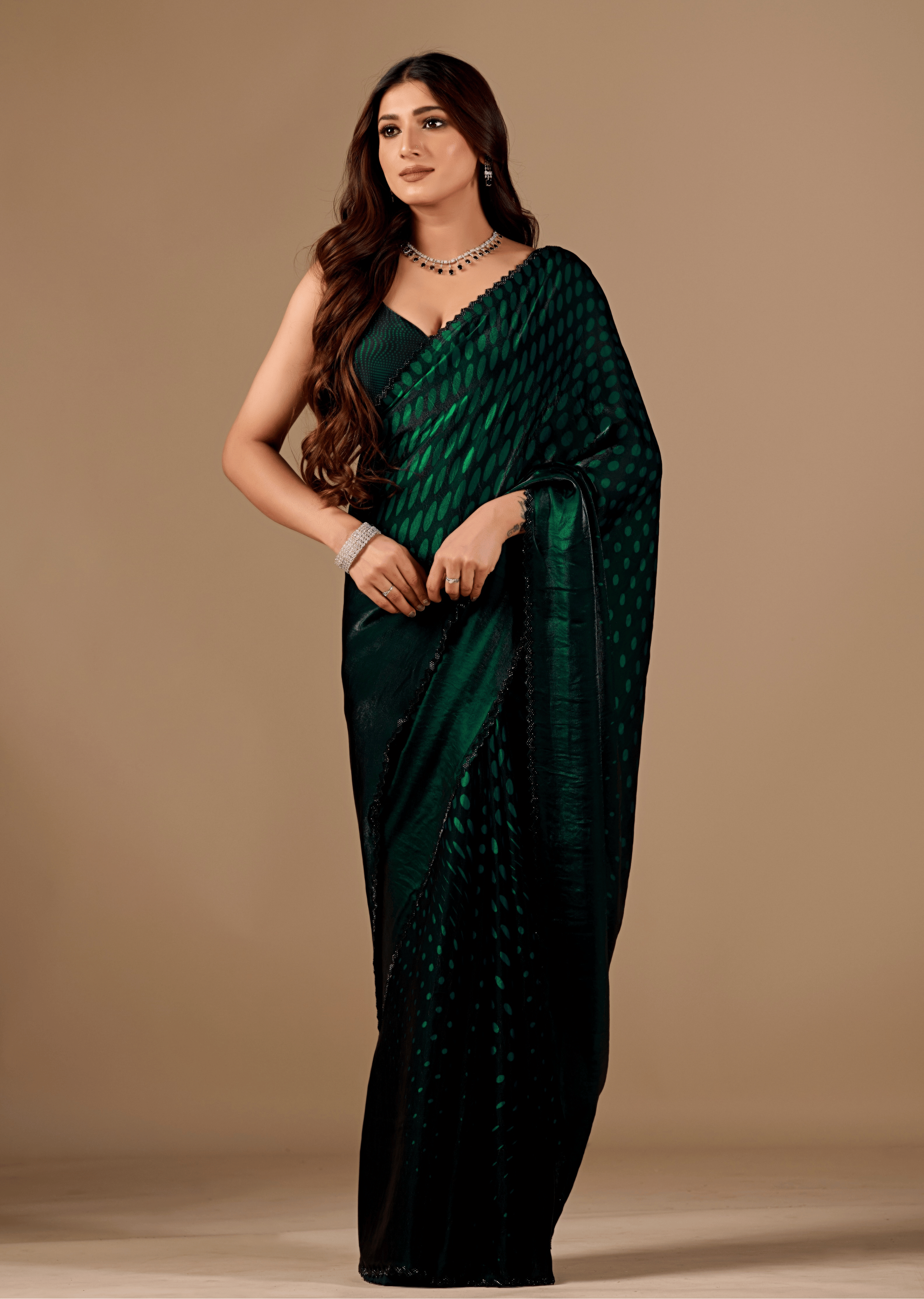 Bottle Green Organza Silk Saree With Stone Work Border