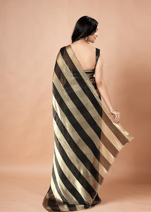 Black Tissue Silk Saree With Striped Weave