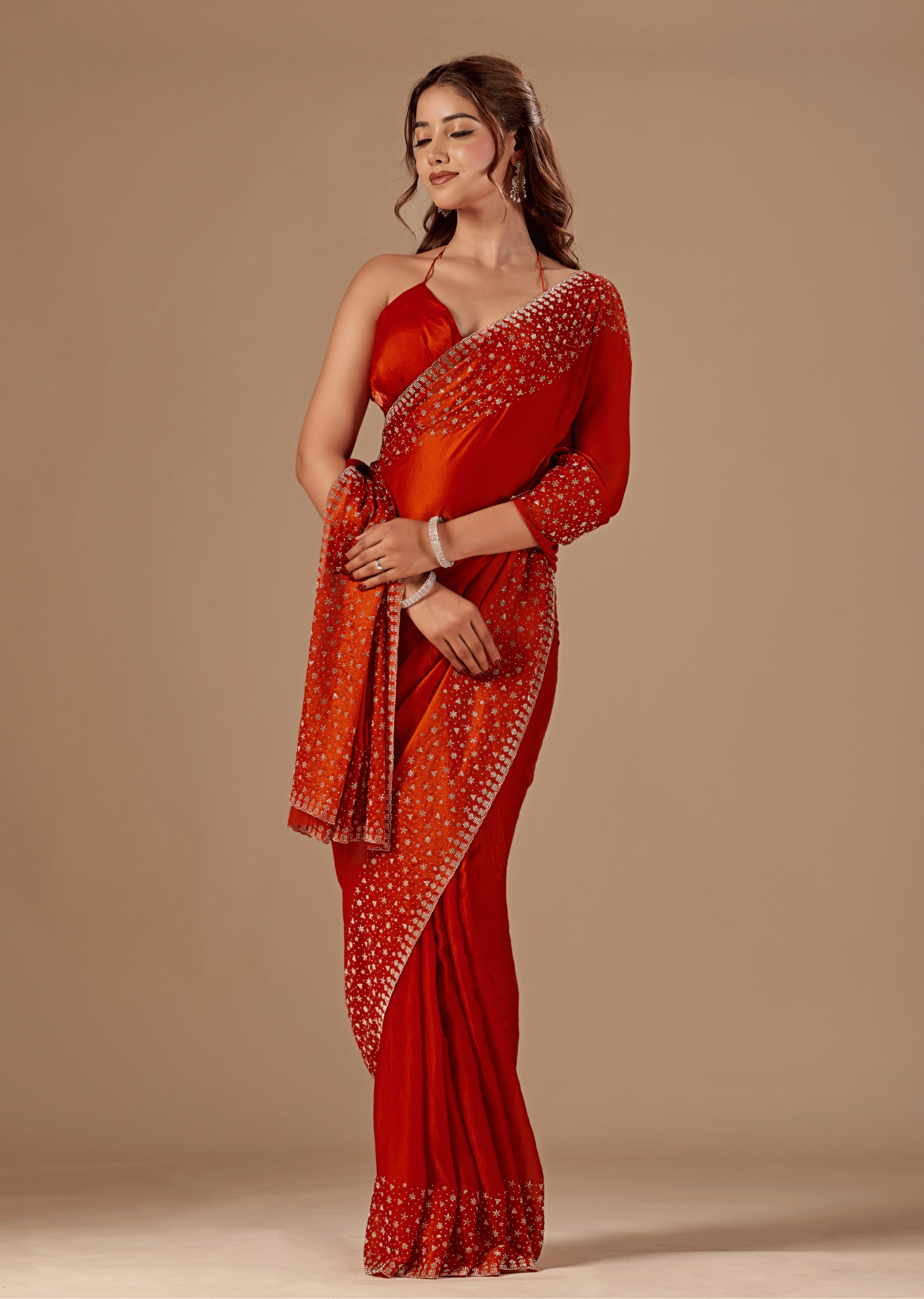Burnt Orange Tissue Silk Saree With Stone Work