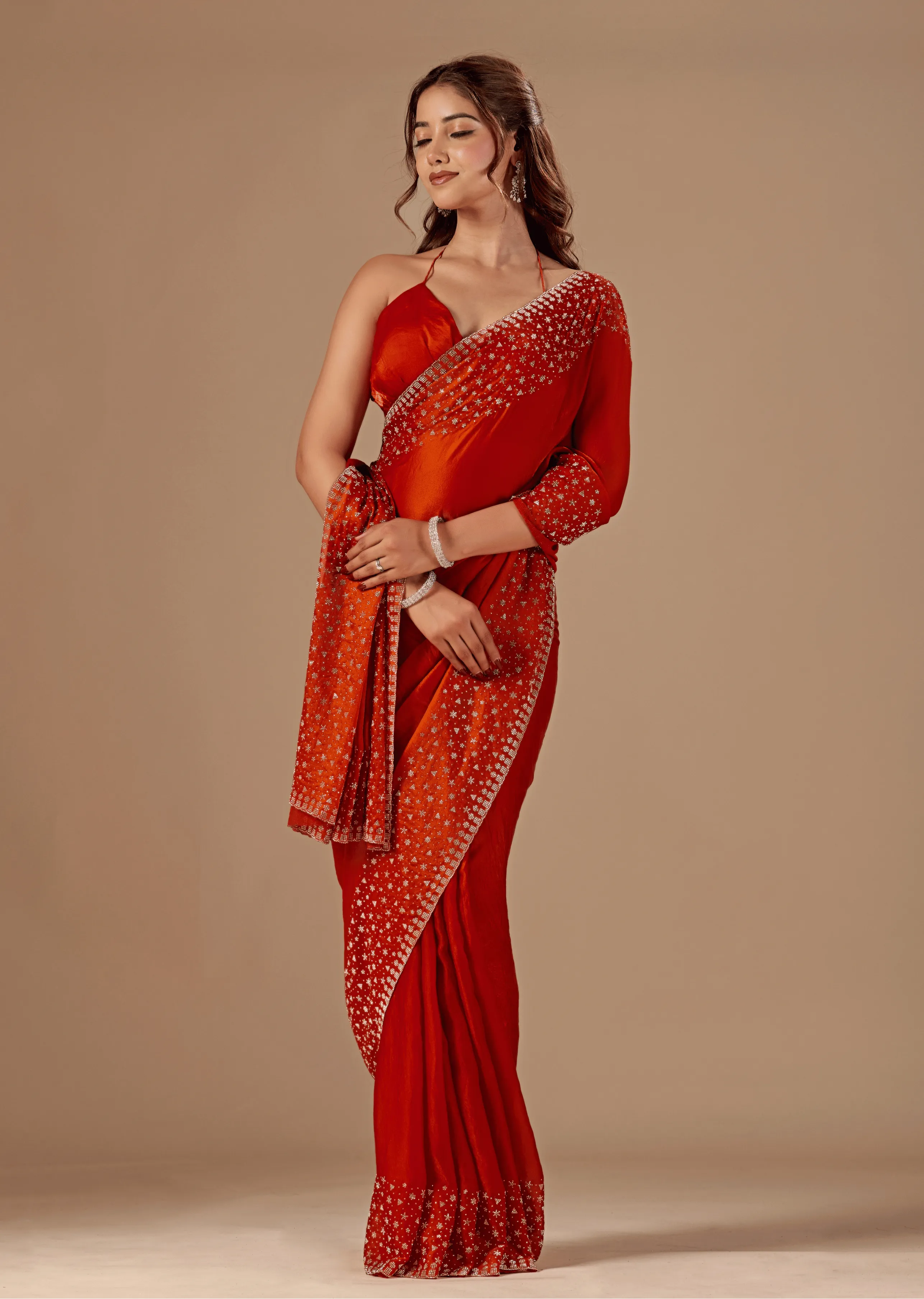  Burnt Orange Tissue Silk Saree Side Pose - Wedding Wear Saree