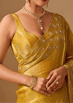 Golden Mustard Tissue Silk Saree With Crystal Stone Border