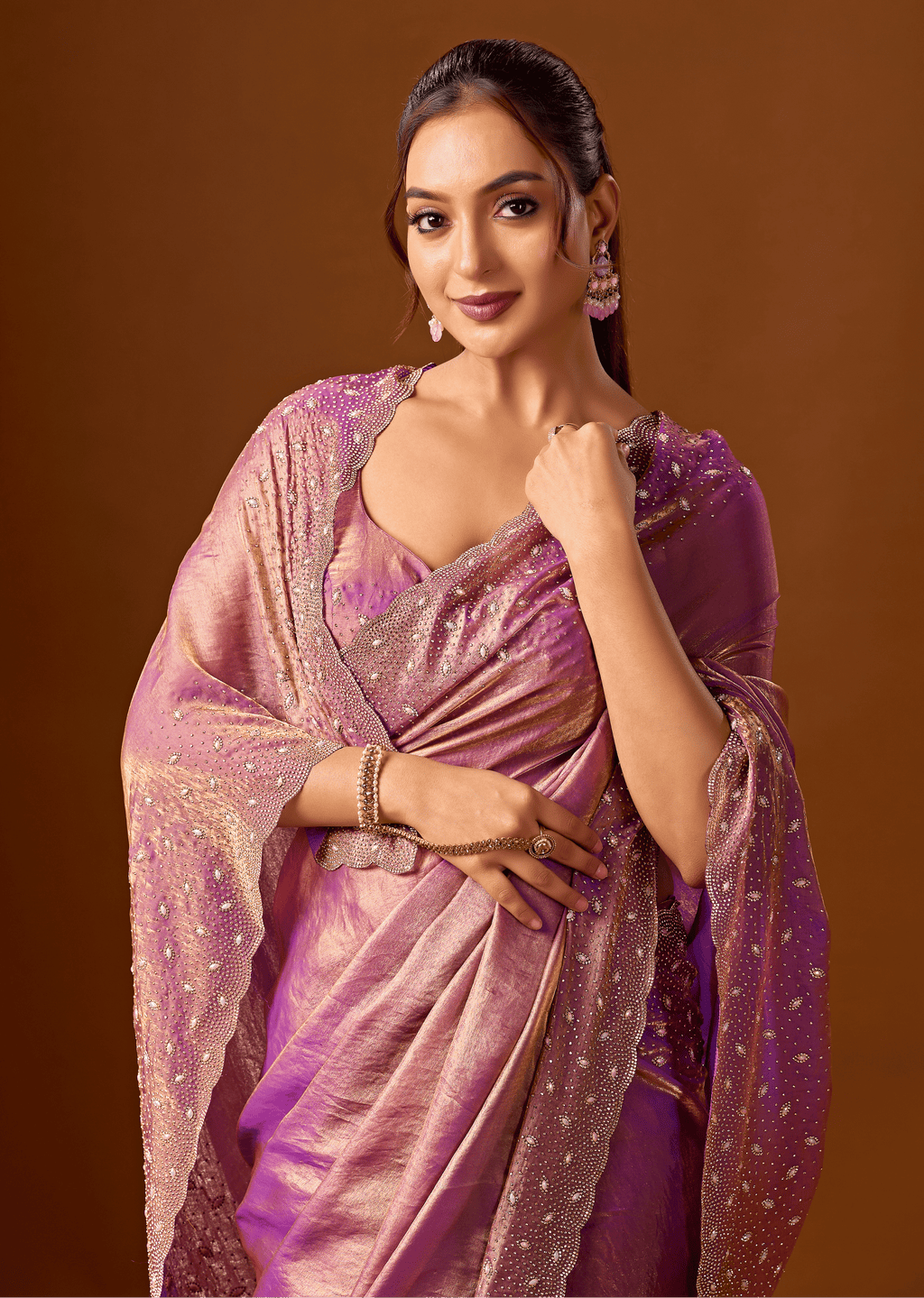 Purple Tissue Silk Saree With Stone Work